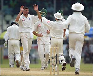 Steve Harmison celebrates dismissing Alok Kapali