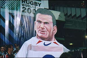 A cardboard cut out of Martin Johnson in the crowd as England play South Africa