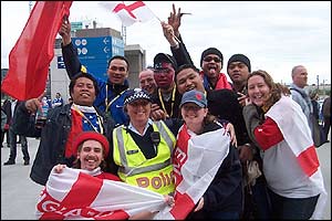 Fans from both sides enjoy the atmosphere before England's game with Samoa