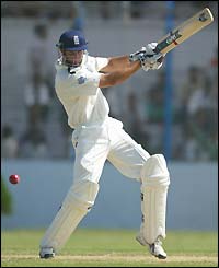 England captain Michael Vaughan plays a pull shot