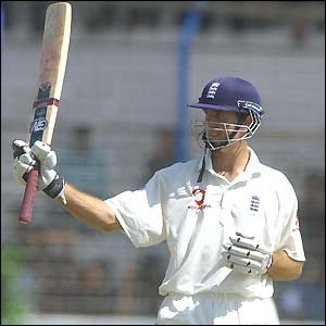 England captain Michael Vaughan salutes the crowd after reaching his fifty