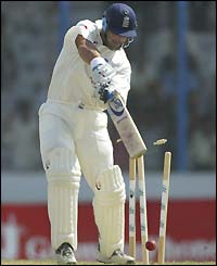 England batsman Graham Thorpe is bowled