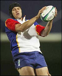 Namibia's Sean Furter catches the ball in the line-out ball against Romania at York Park