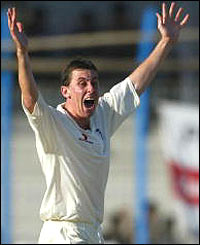 Rikki Clarke celebrates the dismissal of Alok Kapali