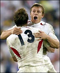 England's Jonny Wilkinson celebrates scoring the drop goal that wins the World Cup 