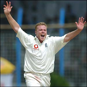 Kent fast bowler Martin Saggers celebrates his first Test wicket on his Test debut