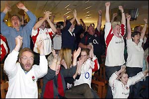 Supporters at Jonny Wilkinson's club Newcastle Falcons celebrate winning