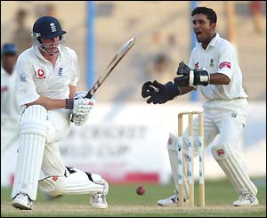 England's Rikki Clarke is trapped lbw for 27 by Enamul Haque Jr