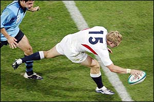 Josh Lewsey scores his fifth try of the match