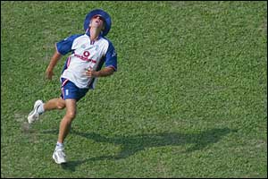 England captain Michael Vaughan keeps his eye on a catch during a training session