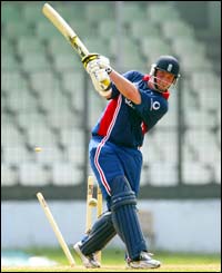 England's Ian Blackwell is bowled by Jubair for 62