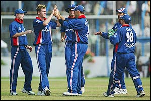 James Anderson celebrates an early wicket for England