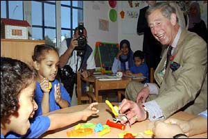 The Prince of Wales and children at a centre for disabled children in Muscat