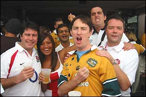 Gareth Carr and friends enjoy the atmosphere with both English and Aussies alike