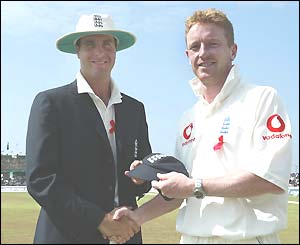 Michael Vaughan presents Durham all-rounder Paul Collingwood with his first Test cap