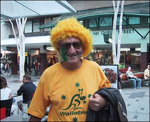 A Jon Telfer look-a-like dons an Australia wig
