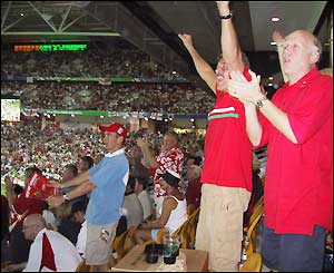 Wales fans cheer after Colin Charvis' try