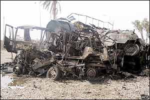 Wreckage of a suspected lorry that carried the explosives