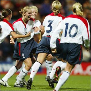 England celebrate Fay White's goal