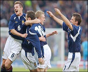 Scotland's James McFadden is congratulated on scoring