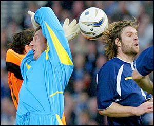 Scotland keeper Rab Douglas spills a cross