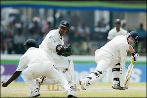 Paul Collingwood is caught by Sanath Jayasuriya