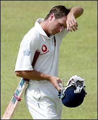 England skipper Michael Vaughan leaves the crease
