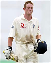 England's Paul Collingwood leaves the crease after being dismissed