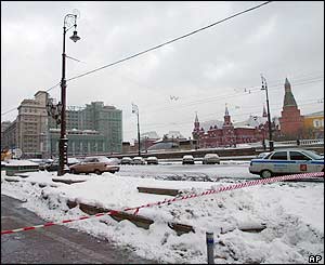 A general view of Manezh Square with the explosion site outside the National Hotel, left, across from the Kremlin