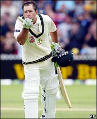 Ricky Ponting of Australia blows a kiss on reaching his double hundred
