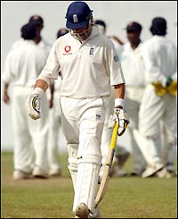 Marcus Trescothick is dismissed for 14