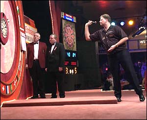 Raymond van Barneveld in action on the Lakeside stage