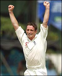 England fast bowler James Kirtley shows his delight at dismissing Kumar Sangakarra