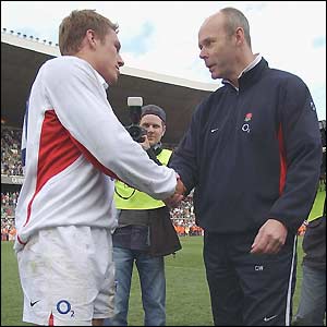 Jonny Wilkinson is congratulated by Clive Woodward on winning the 2003 Grand Slam
