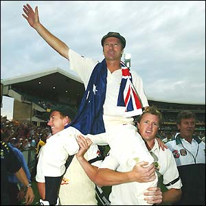 Steve Waugh is carried aloft by his team-mates after leading his side to a draw