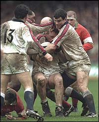 Martin Johnson in action against Wales at Cardiff Arms Park during the 1995 Five Nations