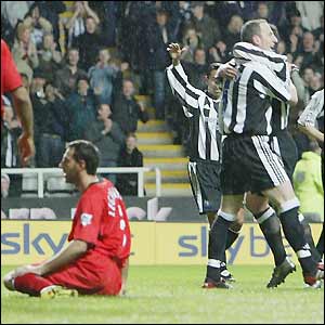 Andy O'Brien (right) celebrates scoring the first against Fulham