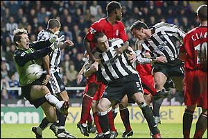 Gary Speed heads Newcastle's second against Fulham