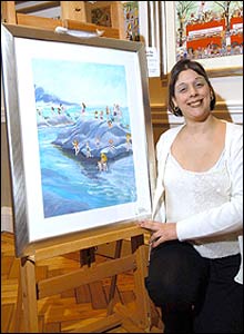 Photo of artist Zoe Kakolyrsis with her painting 'On the Rocks'
