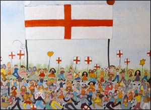 Photo of Zoe's painting showing England fans with a lot of flags