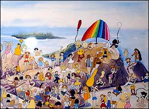 Photo of Zoe's painting 'Coloured Umbrella on the Rocks' 