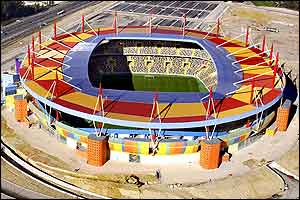 A colourful aerial view of the Estadio Municipal in Aveiro