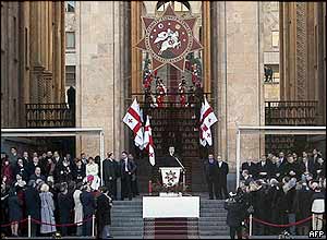 Dignitaries gather on the steps of parliament building as Mikhail Saakashvili takes the oath of office