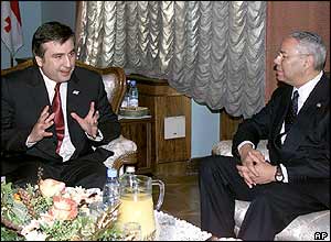 Georgian President Mikhail Saakashvili (left) meets US Secretary of State Colin Powell
