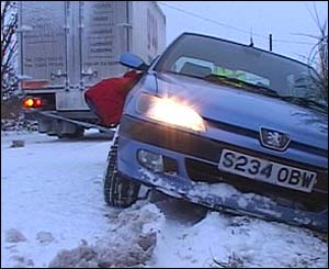Car being pulled back onto the road