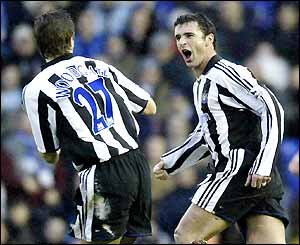 Gary Speed and Jonathan Woodgate celebrate the opening goal for Newcastle
