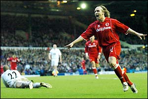 Boudewijn Zenden celebrates scoring Middlesbrough's first at Leeds