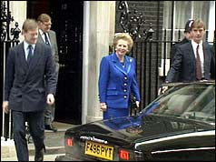 Margaret Thatcher leaving 10 Downing Street after her resignation