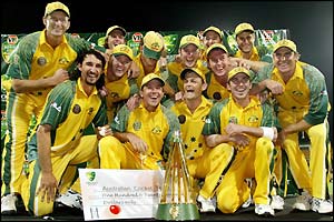Australia celebrate with the VB Series trophy