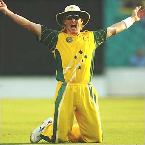 Brett Lee celebrates a spectacular catch